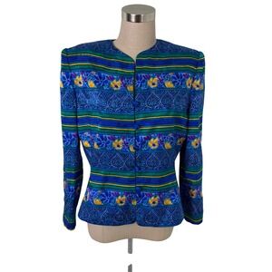 Vintage Adrianna Papell Silk Floral Stripe‎ Blazer Jacket Blue Yellow Green 8